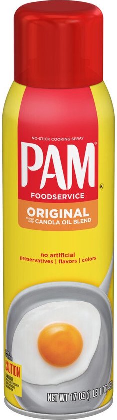 PAM Foodservice Original No-Stick Cooking Spray met Canola Oil Blend, rode dop, gele bus met een afbeelding van een gebakken ei in een pan.