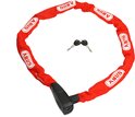 Rood ABUS kettingslot, in een cirkel gelegd, met witte logo's en twee sleutels.