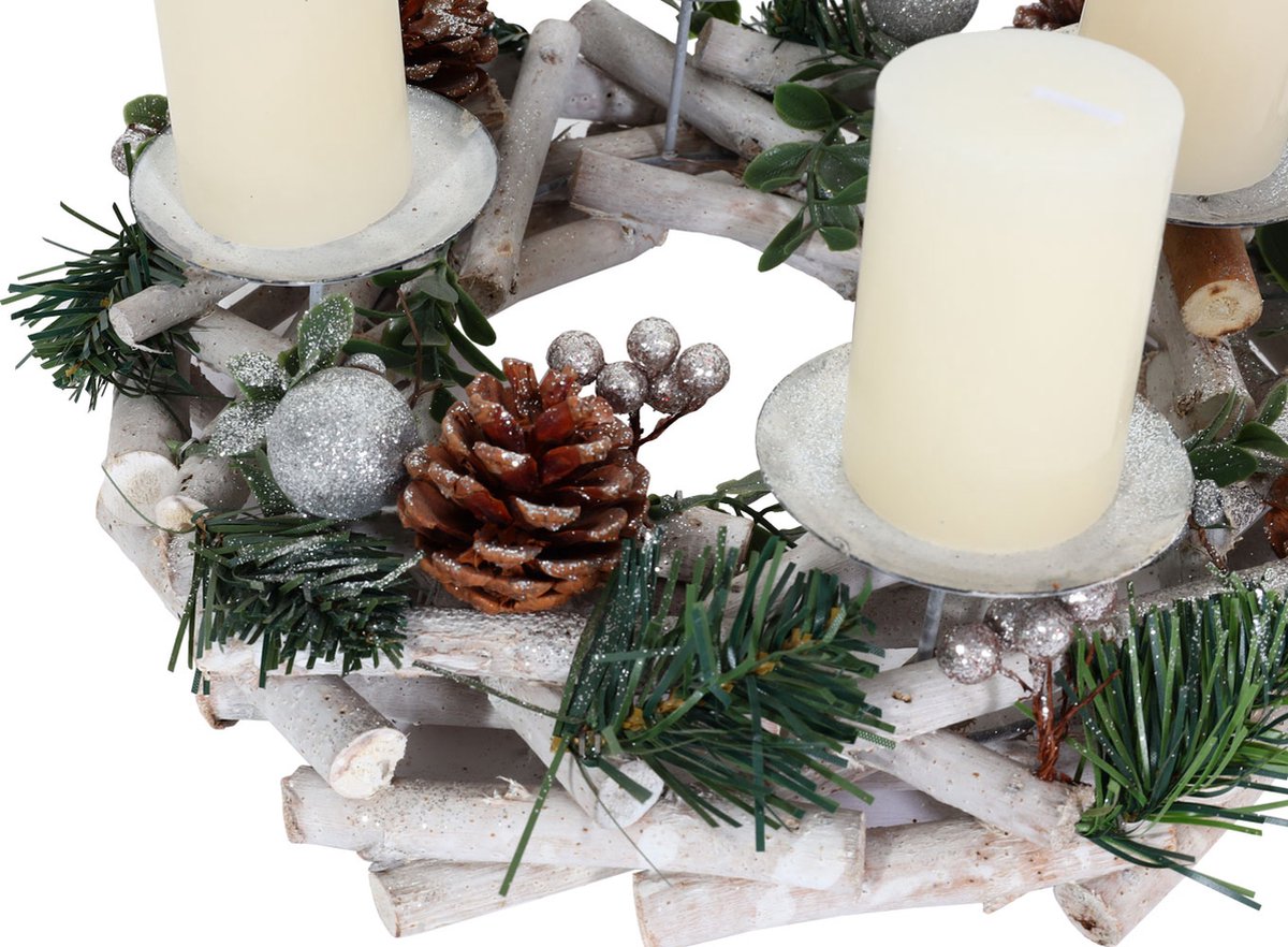 Adventskrans MCW-M12, adventsarrangement tafelkrans kerstdecoratie tafeldecoratie hout zilver wit Ø 30cm ~ met kaarsen – foto 4