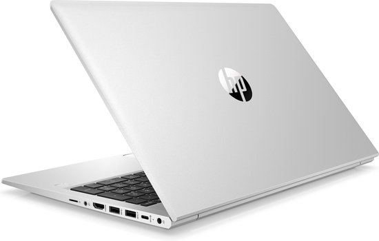 Zilverkleurige HP ProBook laptop, opengeklapt en van de zijkant bekeken, met het HP logo op de kap.