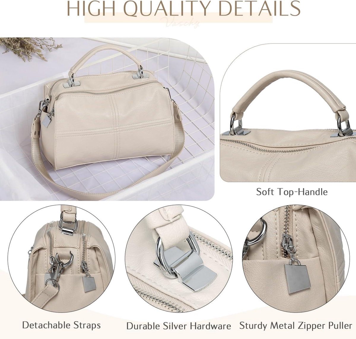 VASCHY Schoudertas Dames,Lederen Tote Bag Handtas Dames met en VASCHY Schoudertas Dames,Lederen Tote Bag Handtas Dames met en