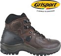 Bruine lederen wandelschoen met Grisport logo, zwarte details en profielzool.