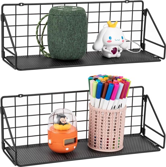 SONGMICS wandplanken in industrieel design, gemaakt van metaal, belastbaar tot 15 kg per plank, set van 2, keukenplanken, met 10 haken, voor slaapkamer en woonkamer, zwart LFS02BK