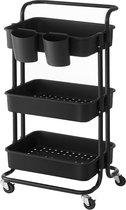 Bol.com Serveerwagen 3 niveaus met handvat en 2 kleine hangcompartimenten - Trolley keukenwagen met 2 remmen - Kunststof opbergv... aanbieding