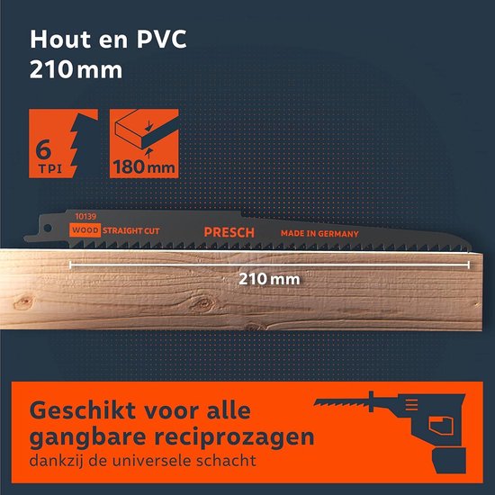 Presch Reciprozaagbladen hout 210mm 10 stuks - Zaagblad 6-180mm - Zaagbladen reciprozaag voor houten PVC buizen en nog veel meer. - Zaagbladenset inclusief doos