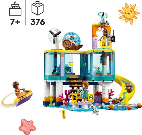 LEGO Friends Reddingscentrum op zee. Met een glijbaan, jetski, speelgoeddieren en een zonnetje. Leeftijd 7+.