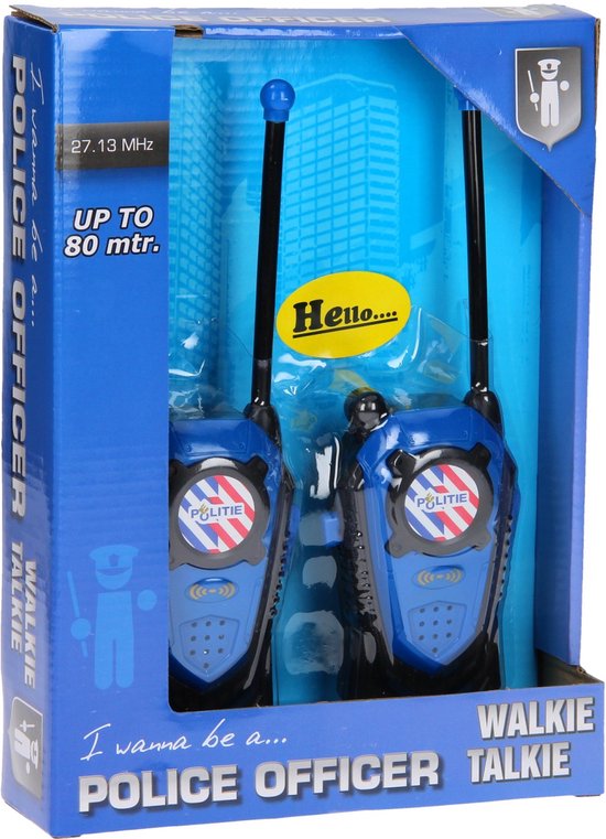 Blauwe politie walkie talkies met logo en "POLITIE" tekst, in verpakking.