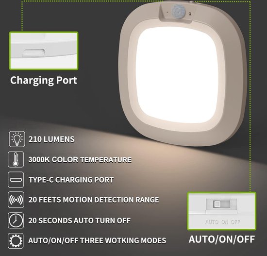 Bewegingssensor Kastverlichting LED Oplaadbaar Draadloze Wandlamp 210LM ...