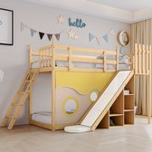 Bol.com KOMHTOM Stapelbed 90x200 cm houten bed met trap en hekken met bedgordijn Kinderbed met valbeveiliging en hekken Naturel aanbieding