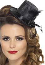 Mini hoge hoed - zwart - met veer - glitter - met elastiek - volwassenen - minihoedje - Carnaval