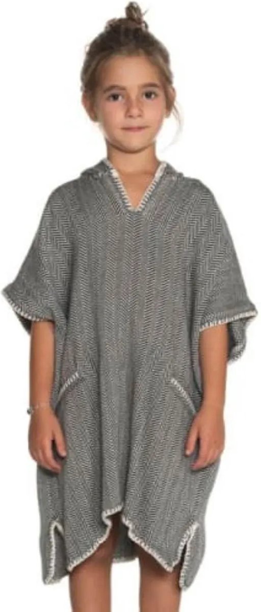 Lalay Strandponcho ZigZag Black - maat 4-5 jaar - jongens/meisjes/unisex pasvorm - poncho handdoek voor kinderen met capuchon - zwemponcho - badcape