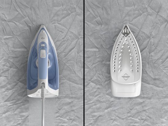 Collage van een wit en blauw Tefal strijkijzer en de zilverkleurige strijkzool.