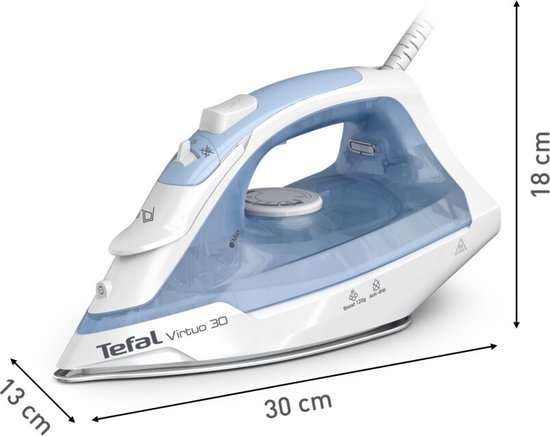Blauw-wit Tefal Virtuo 30 strijkijzer met transparant waterreservoir en afmetingen 30 x 13 x 18 cm.