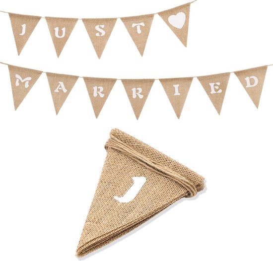 Foto: Joya party vintage slinger just married jute vlaggenlijn bruiloft banner rustieke linnen slingers met 12 stuks jute driehoekige wimpels vintage doek shabby chique decoratie voor rustieke bruiloft