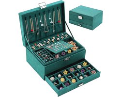 Withosent Sieradendoos, sieradendoosje van fluweel met 2 niveaus, sieradendoos voor dames, sieradendoos voor ringen, oorbellen, halskettingen en horloges, met slot en sleutel, donkergroen