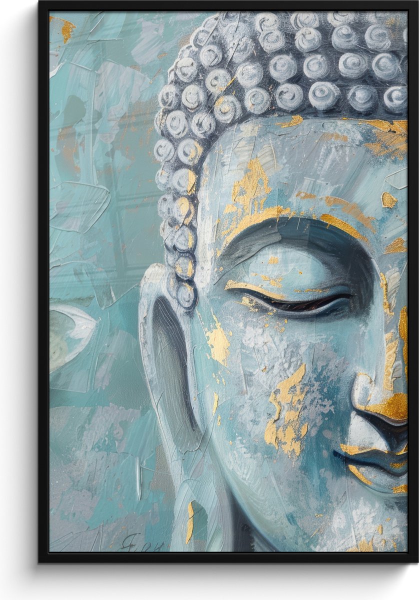 FrameYourWall Poster in lijst - Fotolijst 80x120 cm - Posters - Boeddha - Bloem - Lotus - Goud - Blauw - Posterlijst zwart - Decoratie - Wanddecoratie woonkamer - Muurdecoratie slaapkamer Boeddha - Blauw