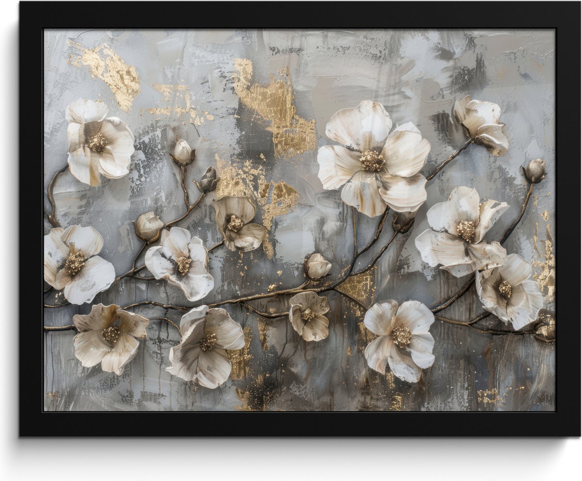 FrameYourWall Poster in lijst - Fotolijst 40x30 cm - Posters - Bloemen - Wit - Grijs - Goud - Luxe - Posterlijst zwart - Decoratie - Wanddecoratie woonkamer - Muurdecoratie slaapkamer