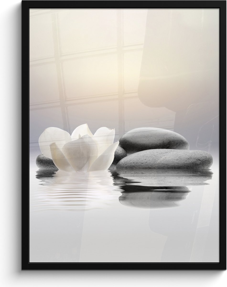FrameYourWall Poster in lijst - Fotolijst 60x80 cm - Posters - Stenen - Lotus - Wit - Water - Zen - Posterlijst zwart - Wanddecoratie badkamer - Muurdecoratie WC - Decoratieve accessoires - Toilet muur decoratie Stenen - Bloem