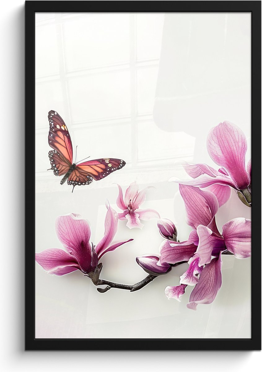 FrameYourWall Poster in lijst - Fotolijst 40x60 cm - Posters - Bloesem - Vlinder - Roze - Natuur - Wit - Posterlijst zwart - Wanddecoratie badkamer - Muurdecoratie WC - Decoratieve accessoires - Toilet muur decoratie Bloem - Vlinder