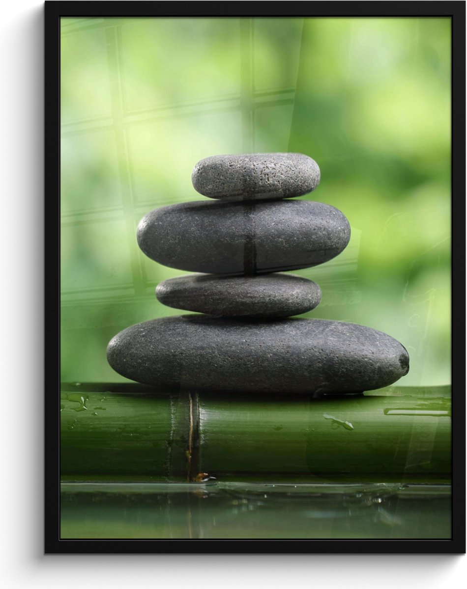 FrameYourWall Poster in lijst - Fotolijst 60x80 cm - Posters - Zen - Stenen - Groen - Natuur - Bamboe - Posterlijst zwart - Wanddecoratie badkamer - Muurdecoratie WC - Decoratieve accessoires - Toilet muur decoratie