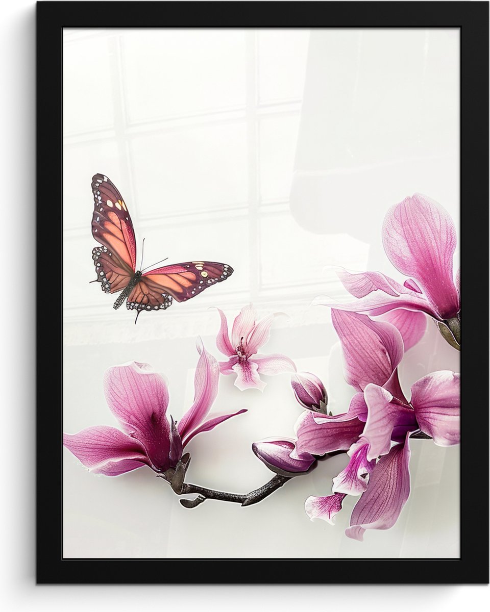 Poster in lijst - Fotolijst 30x40 cm - Posters - Bloesem - Vlinder - Roze - Natuur - Wit -