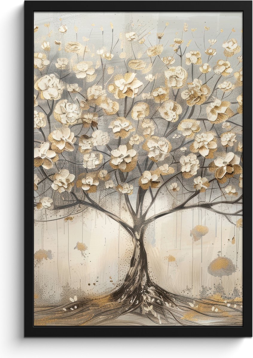 FrameYourWall Poster in lijst - Fotolijst 40x60 cm - Posters - Boom - Beige - Goud - Verflook - Grijs - Posterlijst zwart - Decoratie - Wanddecoratie woonkamer - Muurdecoratie slaapkamer Pastel - Goud