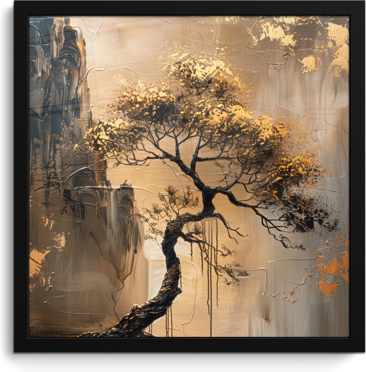 FrameYourWall Poster in lijst - Fotolijst 40x40 cm - Posters - Boom - Goud - Landschap - Verf - Posterlijst zwart - Decoratie - Wanddecoratie woonkamer - Muurdecoratie slaapkamer