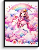 Affiche sous cadre - Cadre photo 60x80 cm - Posters - Licorne - Princesse - Unicorn - Rose - Arc-en-ciel - Cadre affiche noir - Décoration chambre - Décoration murale chambre enfant - Décoration murale chambre bébé