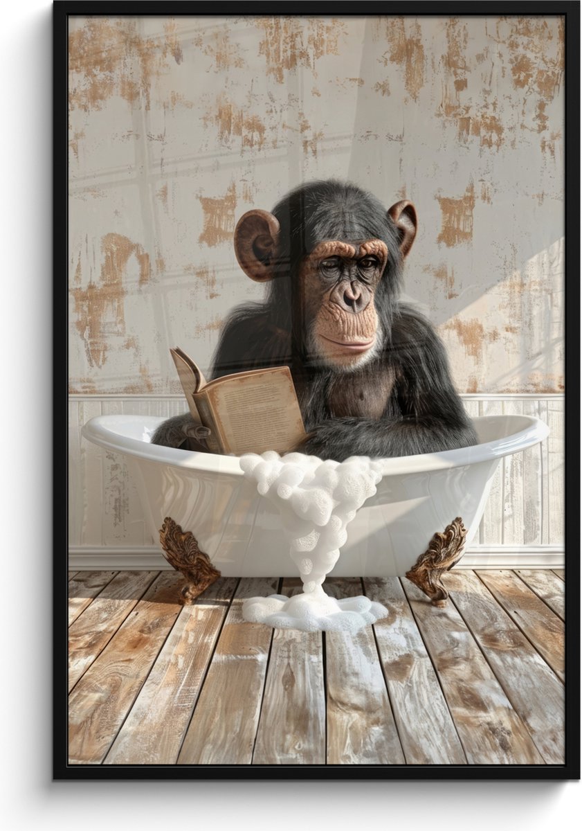 Poster in lijst - Fotolijst 80x120 cm - Posters - Vintage - Aap - Badkuip - Schuim - Dier