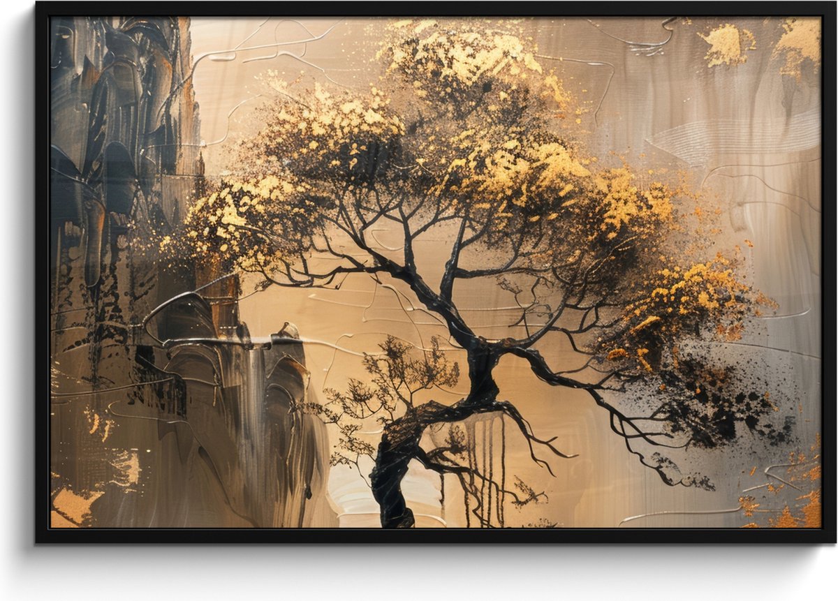 FrameYourWall Poster in lijst - Fotolijst 120x80 cm - Posters - Boom - Goud - Landschap - Verf - Posterlijst zwart - Decoratie - Wanddecoratie woonkamer - Muurdecoratie slaapkamer