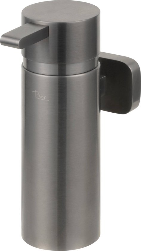 Geborsteld zwarte zeepdispenser met logo.