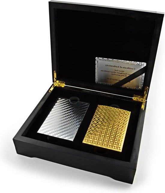 Foto: Poker cadeauset texas hold em kaarten in goud en zilver 2 x 54 kaarten houten doos black jack speelkaarten plastic kaarten pokerset