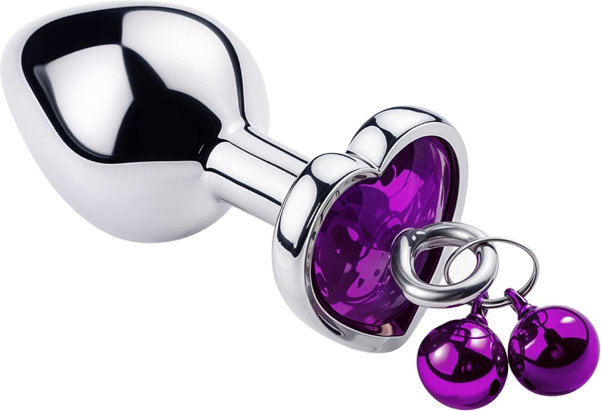 Goedkoopste Cupitoys® Metalen buttplug - Zilver - Diamant paars hartje - Belletjes - Medium - Sex toys voor vrouwen - Sex toys voor mannen - Buttplugs