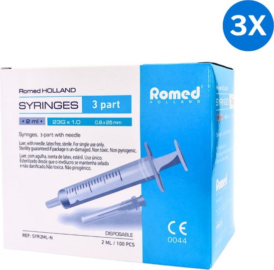 Foto: 3x romed 2 ml injectiespuiten met naald 100 stuks romed doorzichtig wit polypropyleen latex vrij rubber tweedelige 2ml wegwerpspuit met canule steriel per stuk verpakt 