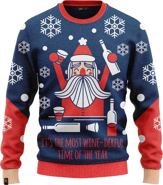 JAP Christmas Foute Kersttrui (maat 4XL) - 100% Gerecycled - Kriebelt niet - Kerstcadeau volwassenen - Kersttrui dames en heren XXXXL - Wine-derfull - Blauw