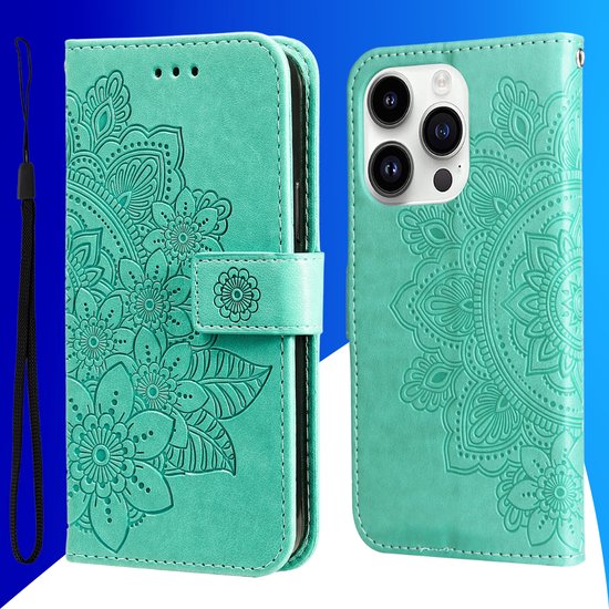 Coque adaptée pour iPhone 16 - Bookcase - Porte-cartes - Portefeuille - Imprimé fleurs - Simili cuir - Turquoise