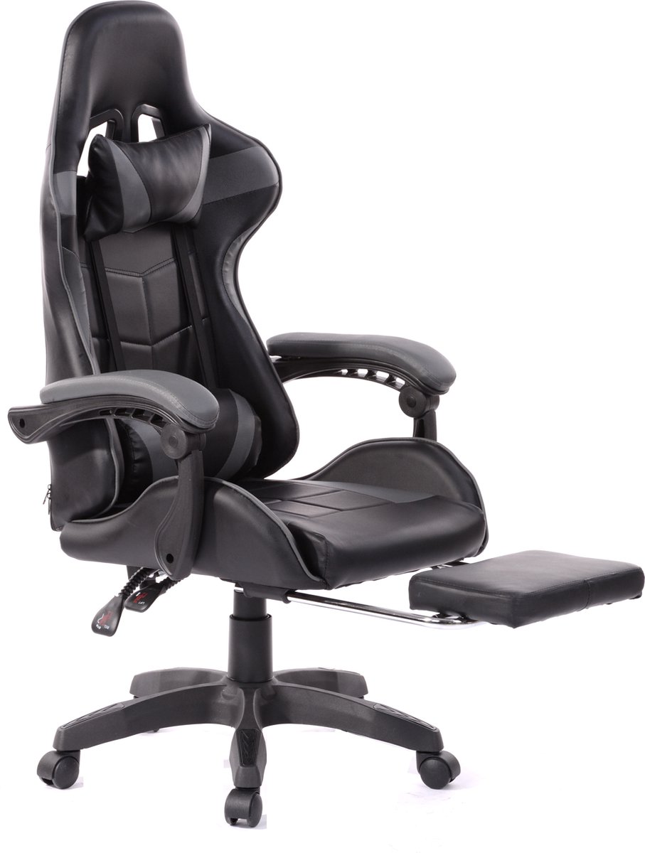Afbeelding 2 van VDD Gaming - Gamestoel - Gamestoel met Voetsteun - Gamestoel Zwart - Gaming stoel - Bureaustoel gaming - Ergonomische Bureaustoel - Met Nekkussen & Verstelbaar Rugkussen - Met Voetsteun - Ergonomische Game Stoel - Draaistoel - Zwart & Grijs