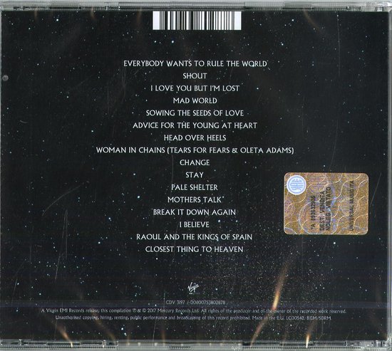Achterkant van de CD-hoes met de titel 'Rule The World' en tracklist van Tears For Fears.