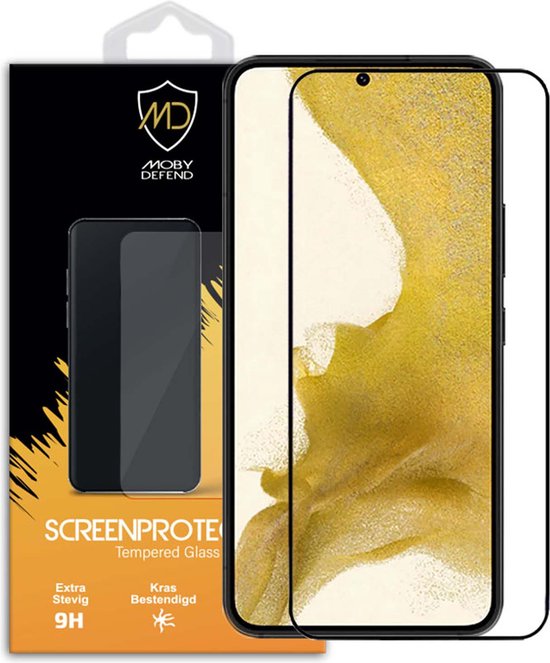 MobyDefend screenprotector voor Samsung Galaxy S22 met zwarte randen, gehard glas.