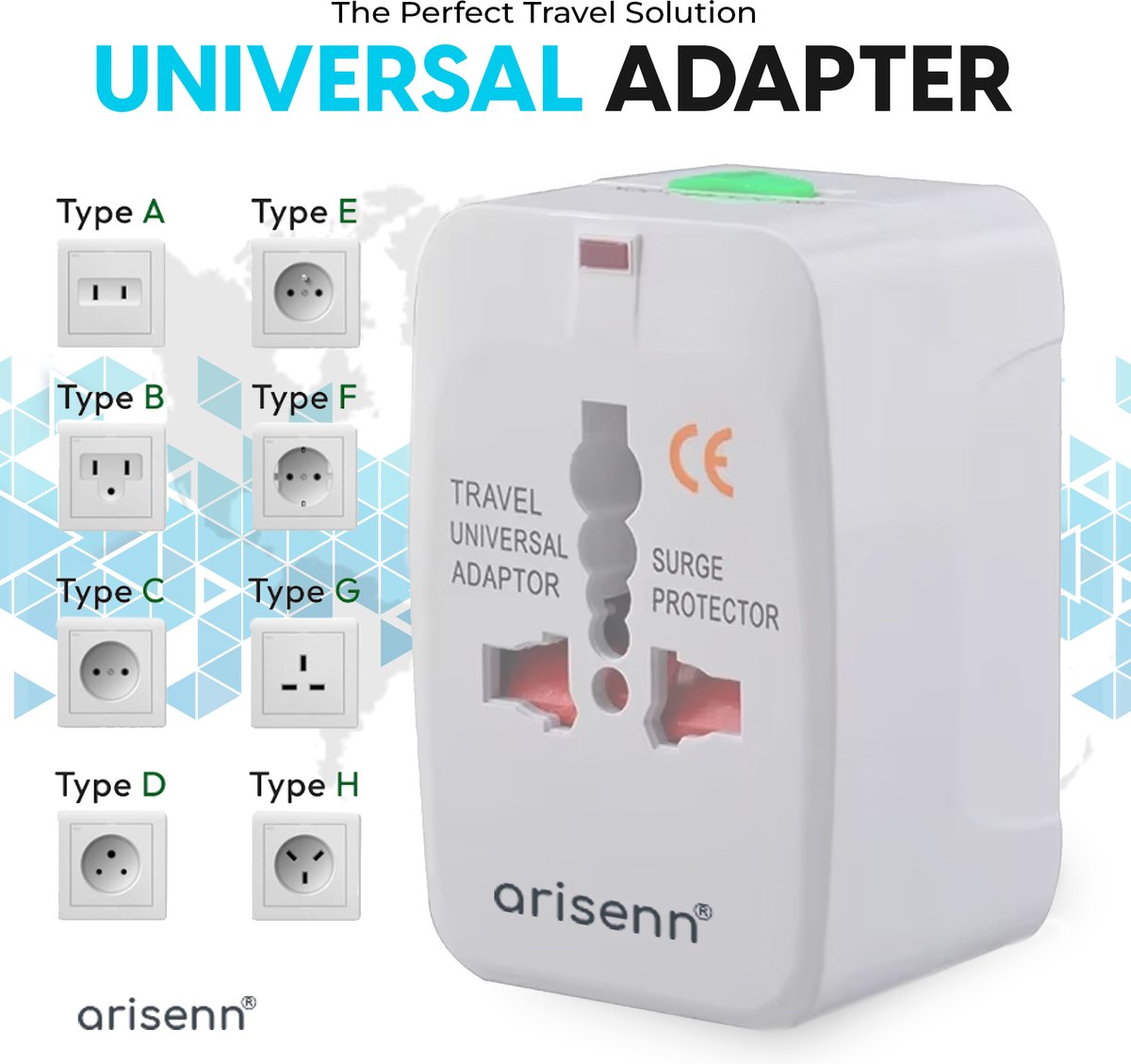 Arisenn® Wereldreiziger + USB : Alles-in-één Reisstekker voor 150+ Landen | USB & AC | Compact & Lichtgewicht | Perfect voor Reis & Thuis | 2 USB ports — cadeau in Gadgets - foto 5