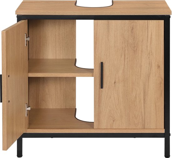 Open badkamermeubel met 2 deuren, 2 planken, licht houtkleur en zwart metalen frame.