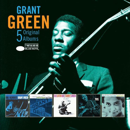 Grant Green 5 Original Albums, met een portret van Grant Green die gitaar speelt. Vijf albumhoezen aan de onderkant.
