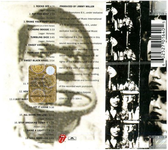Zwart-wit foto van de bandleden van The Rolling Stones op de achterkant van een albumhoes. Tekst en tracklist zichtbaar.