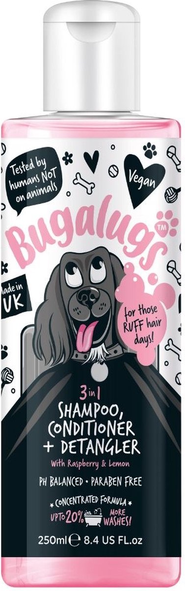 Bugalugs - 3-in-1 Dog Shampoo, Conditioner en Detangler (Raspberry & Lemon) - 250ml