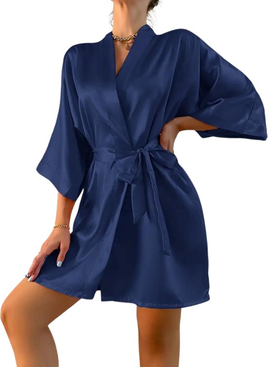 Nivard Satijnen Jurk - Slipdress - Pyama Dames - Badjas - Ochtendjas - Kimono - Erotisch - Kamerjas - Blauw XL