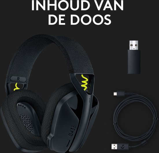 Contenu de la boîte : casque G435 noir, dongle USB et câble de chargement.