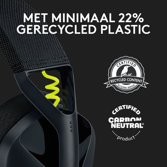 Casque Logitech G435 noir avec texte 'Avec au moins 22% de plastique recyclé'.