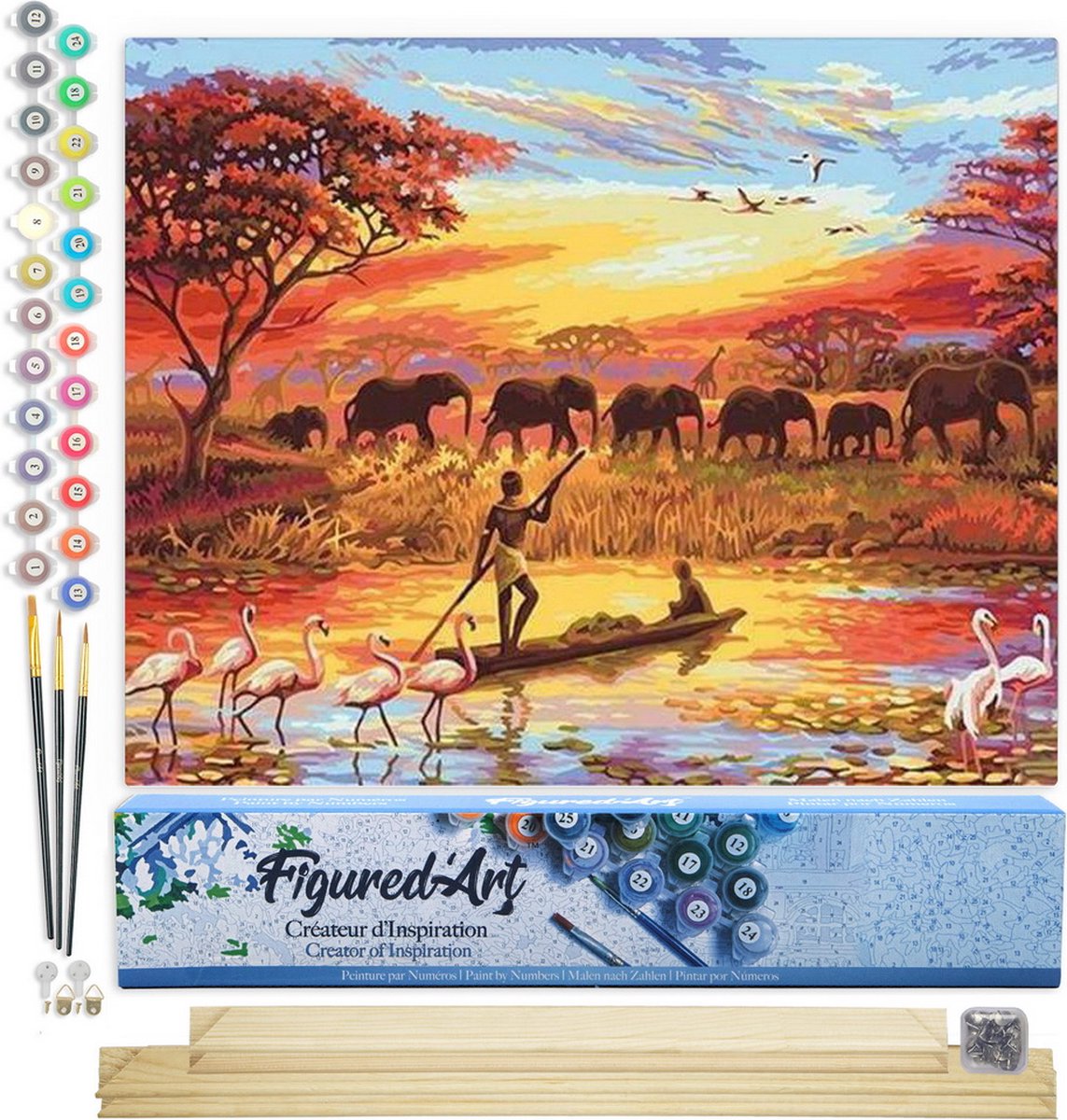 Figured'Art Schilderen op Nummer Volwassenen canvas Zonsondergang met olifanten - Handwerk acrylverf Kit DIY Compleet - 40x50cm met DIY houten lijst
