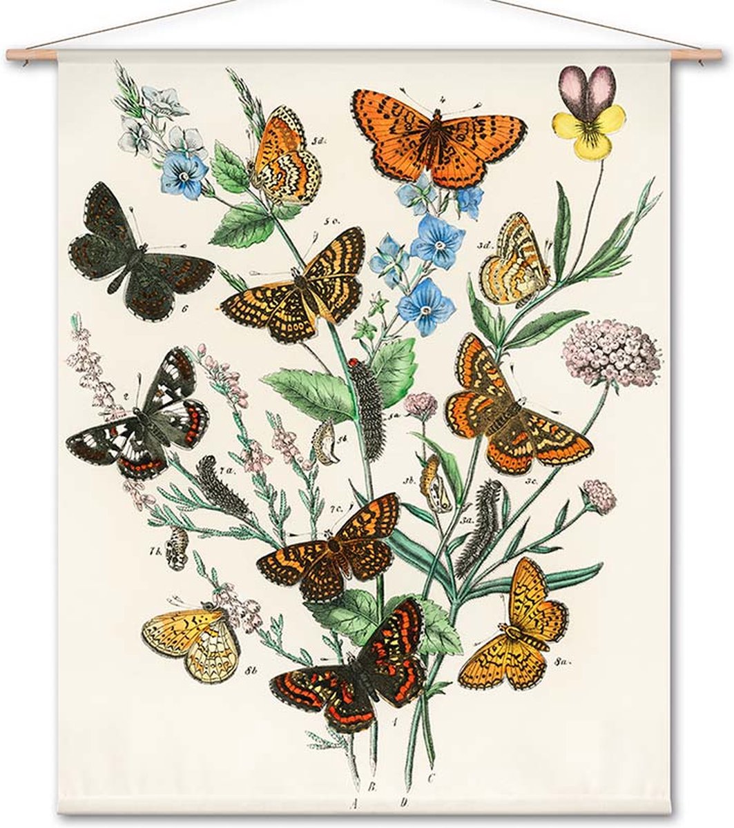 Wanddoek Vlinders rond veldbloemen (zonder houten stokken)