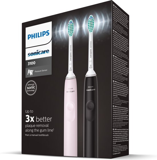 Doos met roze en zwarte Philips Sonicare 3100 sonische tandenborstels.